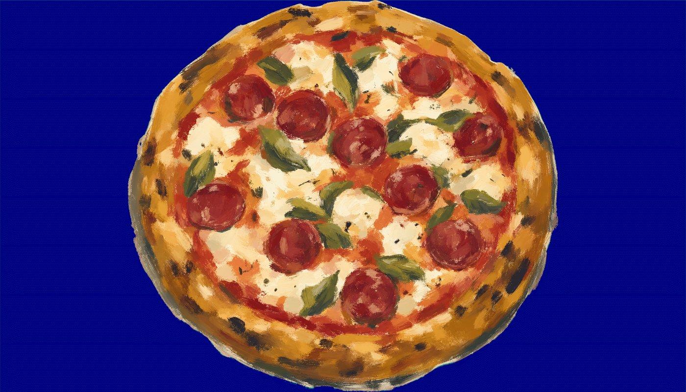 Gemalte Darstellung einer Pizza mit Salami, Mozzarella und Basilikum von oben